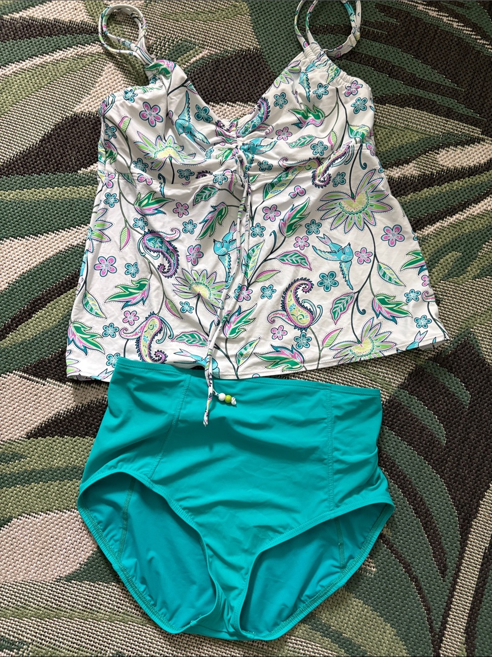 Coral Reed Two-Piece Tankini Set - Floral Print Top & Teal High waisted Bottom